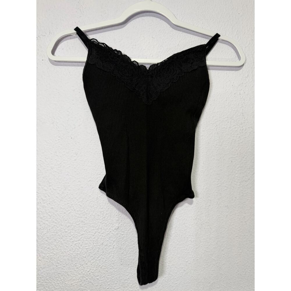 Victoria’s Secret PINK Black Ribbed Lace Bodysuit‎ Small Coquette Soft Girl Y2K